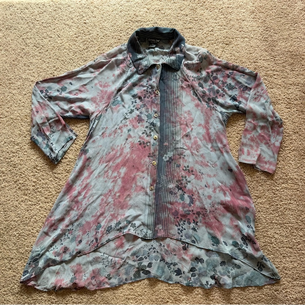 citron 100% silk button up blouse medium navy blue tie dye floral flowy bohemian